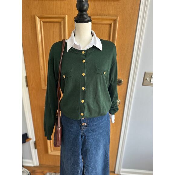 Vintage Women’s Green Cardigan Sweater Gold Button Knit Retro Preppy M - Picture 2 of 4